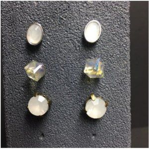 Stud Earrings Lot Three Pairs Frosty Crystal Pearl Round Oval Cube Gold Silver